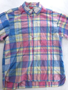 Address Unknown Plaid Shirt Mens L Madras Cotton Short Sleeve Button Up